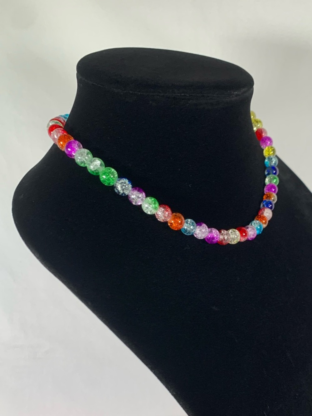 Carnival Rainbow Glass Crackle Bead Gold Tone Necklace 16.5” - Picture 5 of 11